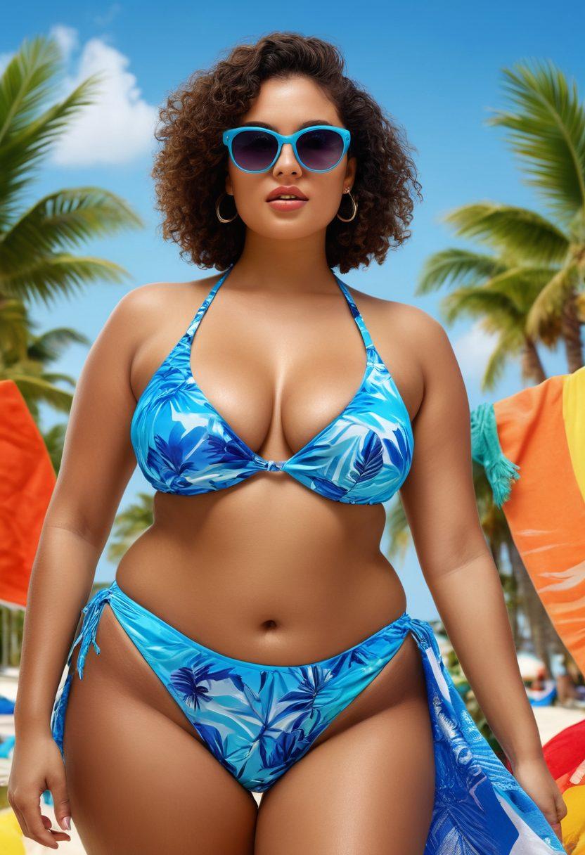 A vibrant beach scene showcasing diverse models of various body types confidently wearing chic bikinis and trendy cutout swimwear, with tropical palm trees and a bright blue sky in the background. Incorporate playful splashes of water and colorful beach accessories like sunglasses and towels to enhance the festive vibe. The focus should be on curves and self-expression in swimwear fashion. vibrant colors. super-realistic.